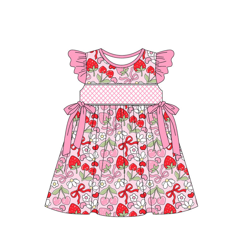 Preorder Baby Girl Short Sleeves Pink Bows Strawberry Floral Knee Length Dress ( Moq 5 )