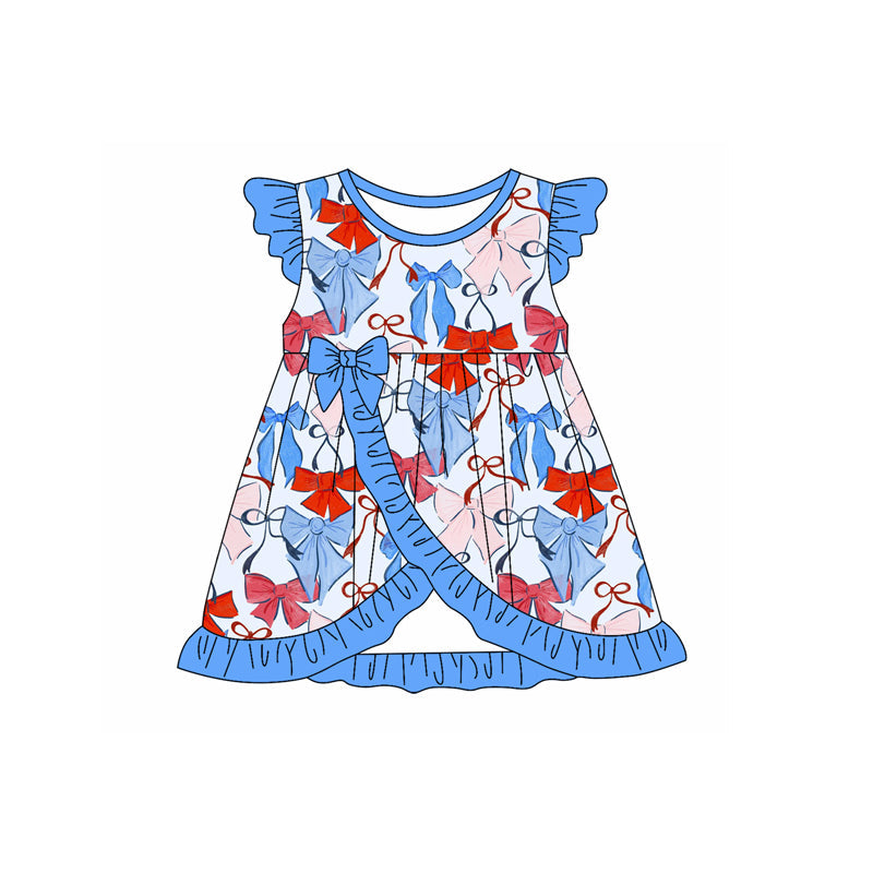 Preorder Baby Girl Short Sleeves Bows 4th Of July Blue Ruffle Knee Length Dress ( Moq 5 )