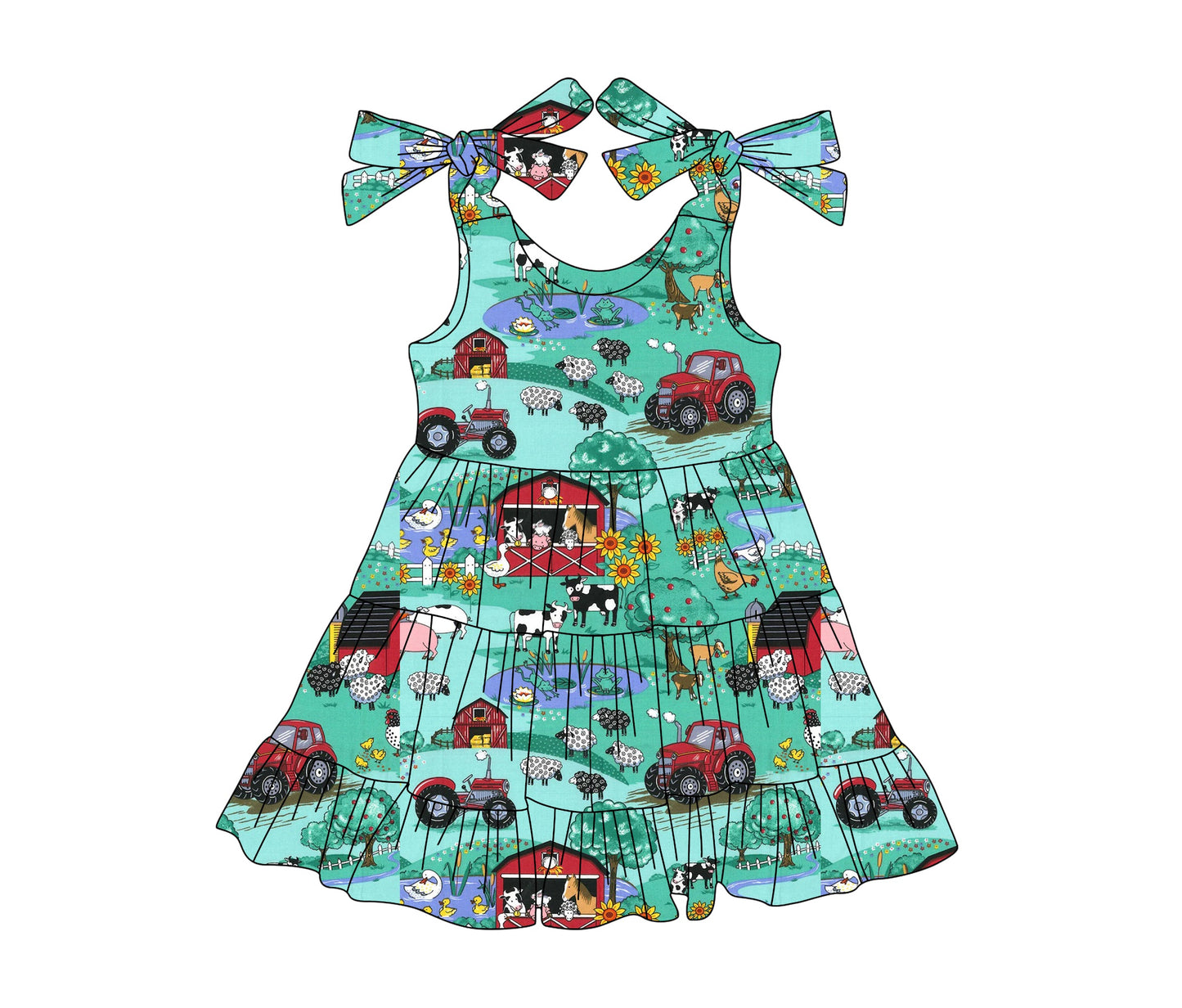 Preorder Baby Girl Straps Farm Animals Trucks Green Knee Length Dress ( Moq 5 )