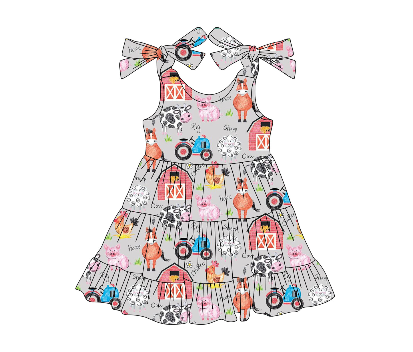 Preorder Baby Girl Straps Farm Animals Trucks Grey Knee Length Dress ( Moq 5 )