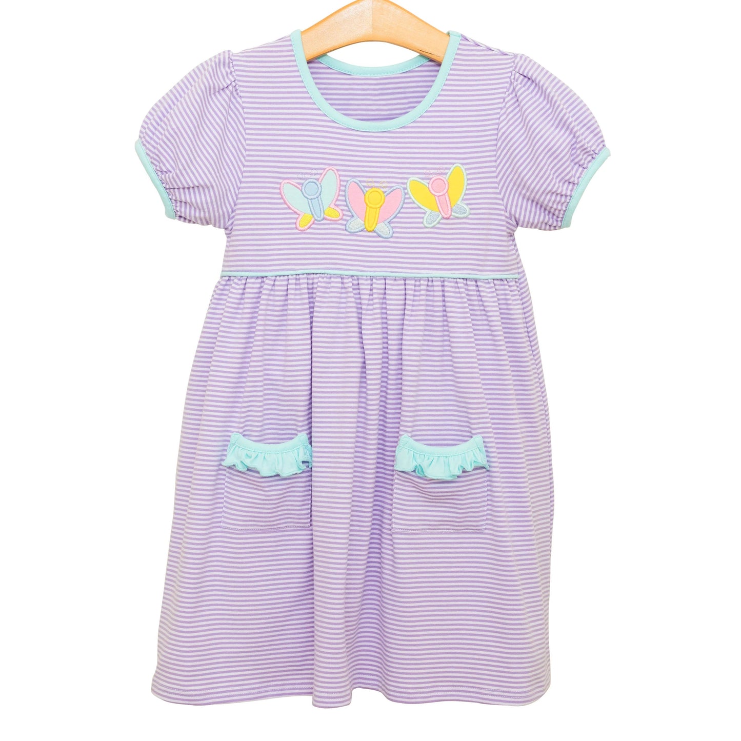 Preorder Baby Girl Short Sleeves Purple Stripes Butterfly Pockets Knee Length Dress ( Moq 5 )