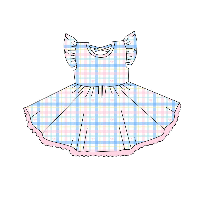 Preorder Baby Girl Short Sleeves Checked Knee Length Twirl Dress ( Moq 5 )