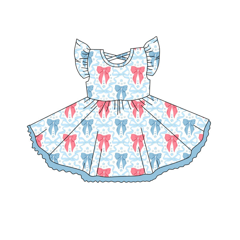 Preorder Baby Girl July 4th Short Sleeves Bows Knee Length Twirl Dress ( Moq 5 )