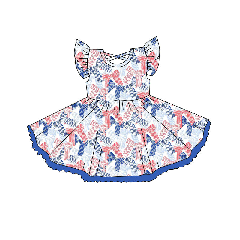 Preorder Baby Girl Short Sleeves Bows July 4th Knee Length Twirl Dress ( Moq 5 )