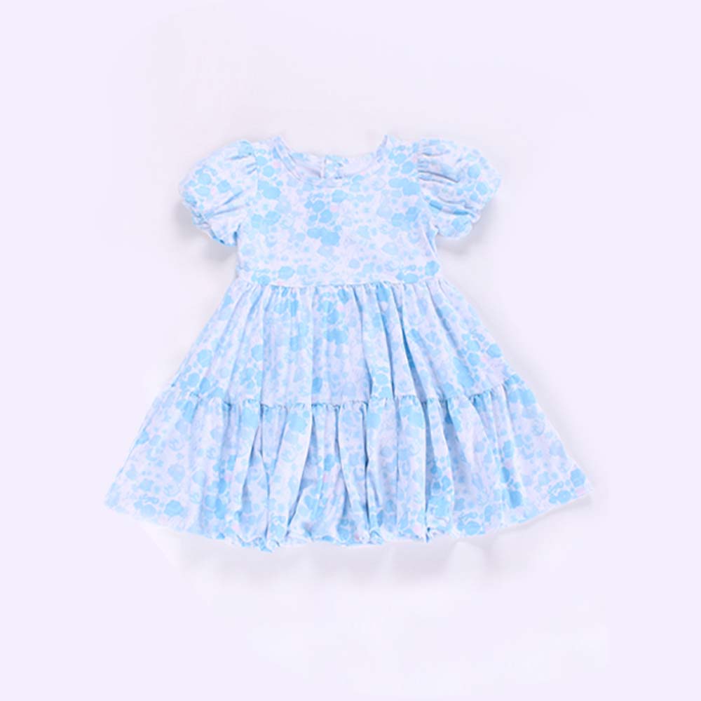 Preorder Baby Girl Short Sleeves Flower Blue Ruffle Knee Length Dress  ( Moq 5 )