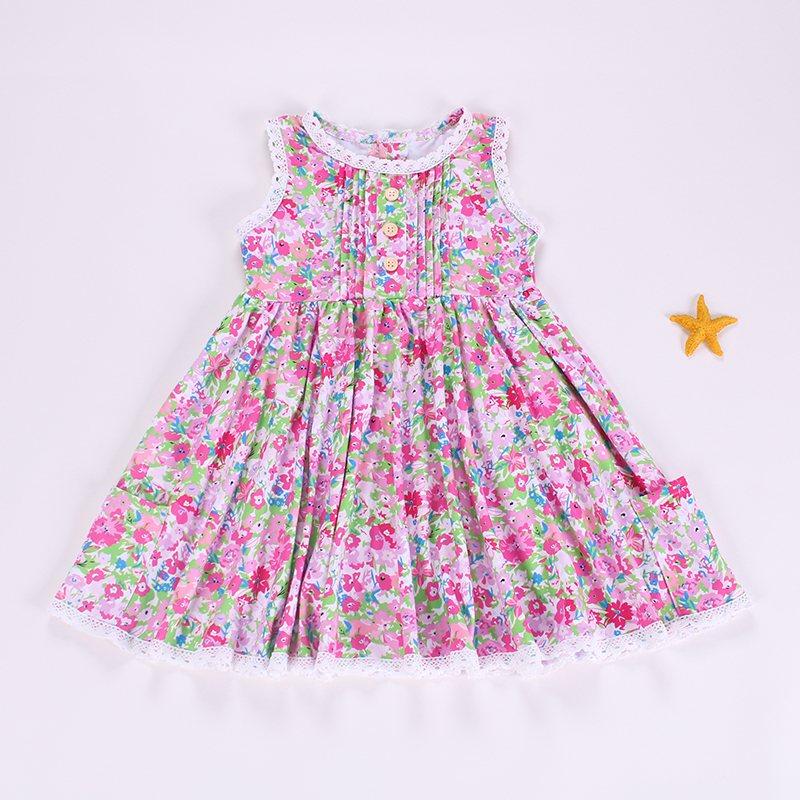 Preorder Baby Girl Sleeveless Buttons Flower Pockets Knee Length Pink Dress  ( Moq 5 )