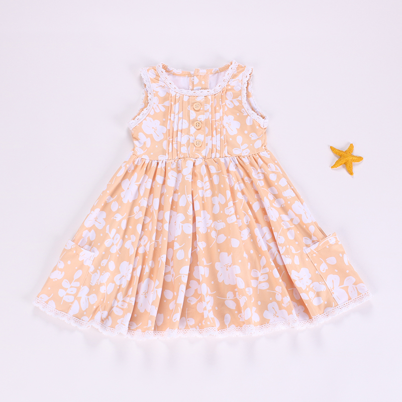 Preorder Baby Girl Sleeveless Buttons Flower Pockets Knee Length Yellow Dress  ( Moq 5 )