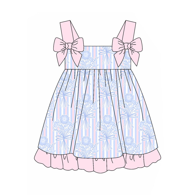 Preorder Baby Girl Infant Bows Straps Flower Stripes Ruffle Knee Length Dress ( Moq 5 )