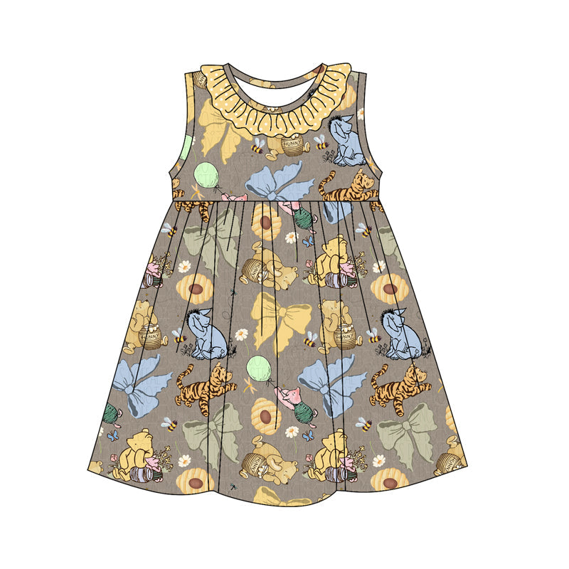 Preorder Baby Girl Sleeveless Cartoon Animals Bows Bear Knee Length Dress ( Moq 5 )