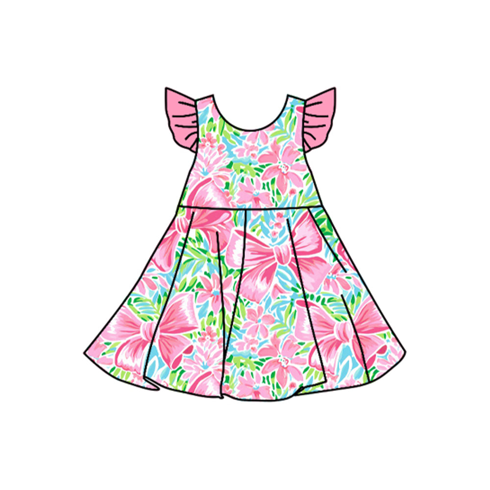 Preorder Baby Girl Short Sleeves Flower Bows Knee Length Twirl Dress Clothes ( Moq 5 )