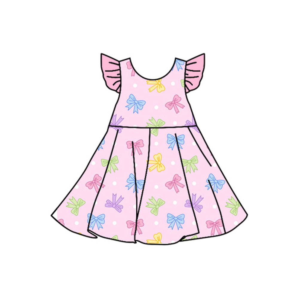 Preorder Baby Girl Short Sleeves Bows Knee Length Twirl Dress Pink Clothes ( Moq 5 )