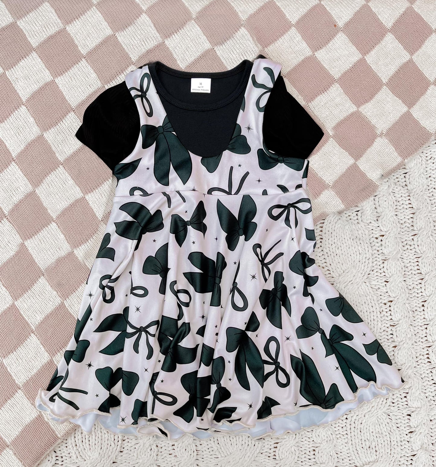Preorder Baby Girl Short Sleeves Black Shirt Bows Dress 2 Pieces Clothes Set ( Moq 5 )
