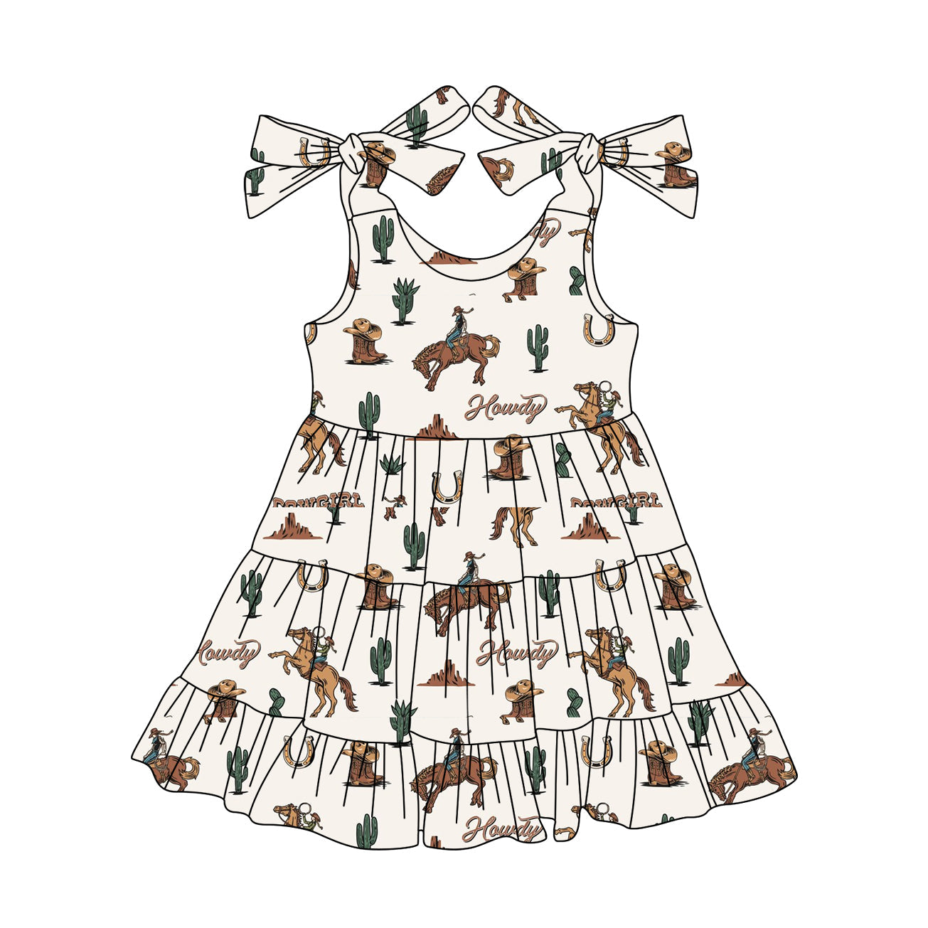 Preorder Baby Girl Bows Straps Western Howdy Cowgirl Knee Length Dress ( Moq 5 )