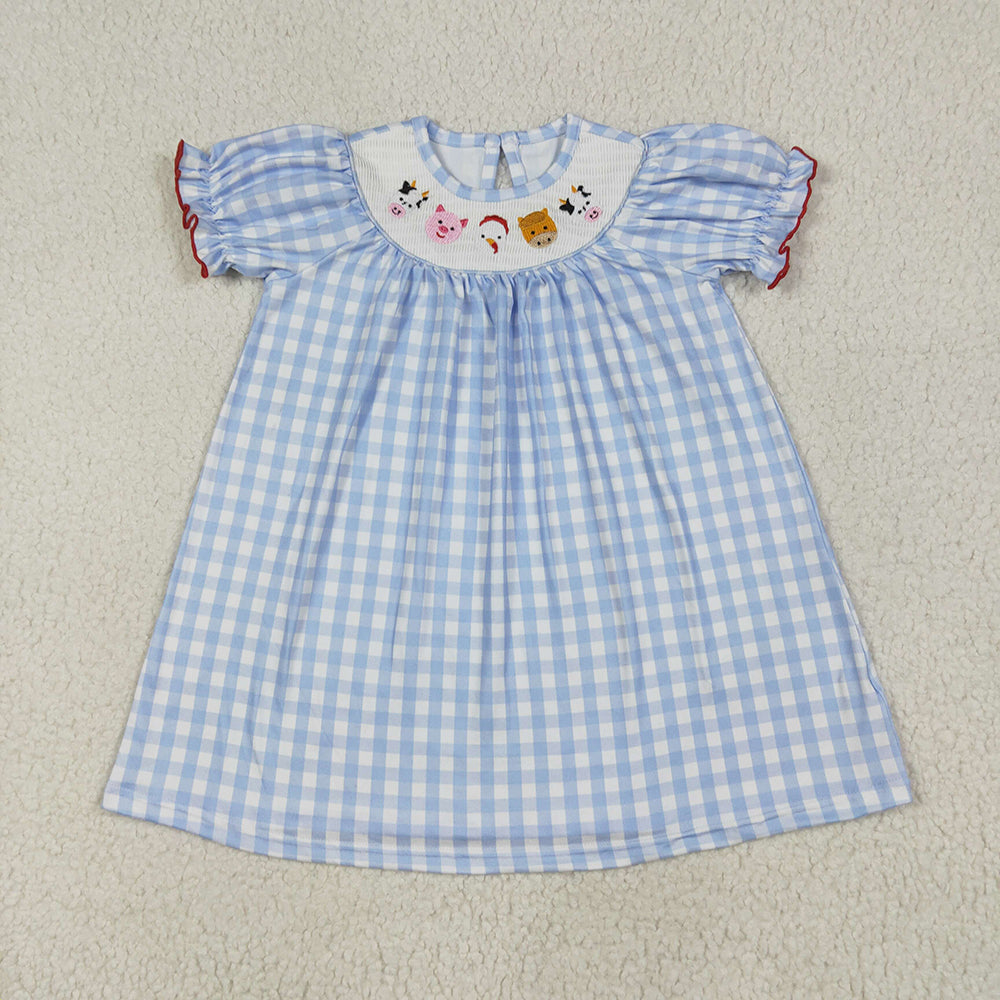 Sibling Baby Girl Short Sleeves Embroidery Farm Animals Smocked Blue Plaid Sibling Romper Dress Clothes RTS