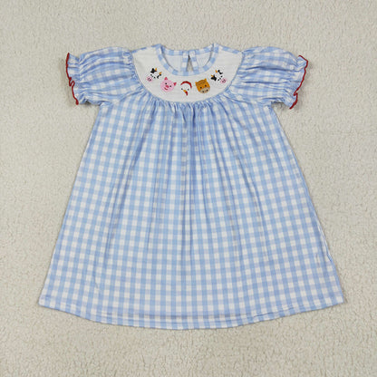 Sibling Baby Girl Short Sleeves Embroidery Farm Animals Smocked Blue Plaid Sibling Romper Dress Clothes RTS