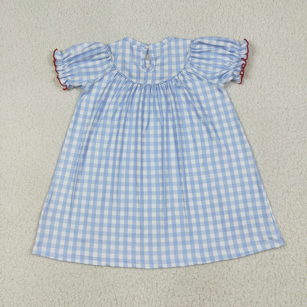Sibling Baby Girl Short Sleeves Embroidery Farm Animals Smocked Blue Plaid Sibling Romper Dress Clothes RTS