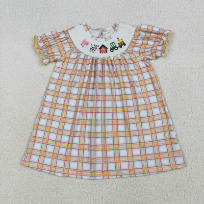 Baby Girl Short Sleeves Embroidery Farm Animals Plaid Sibling Smocked Romper Dress RTS