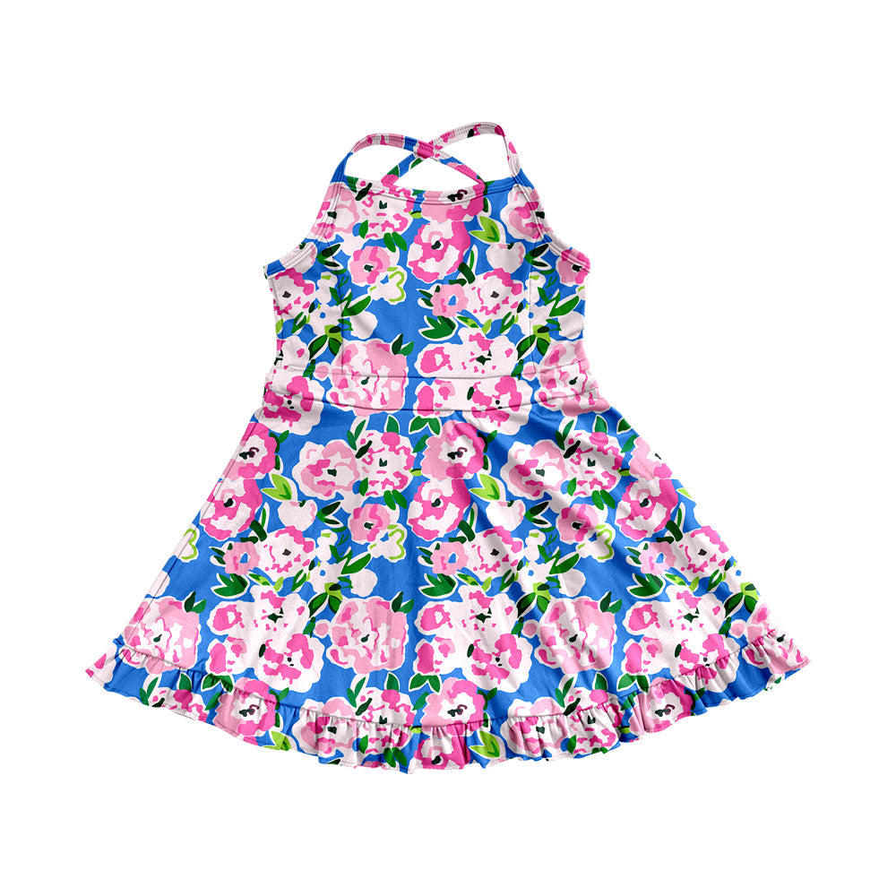 Preorder Baby Girl Athletic Yoga Pink Flower Active Wear Blue Skort Dress ( Moq 5 )