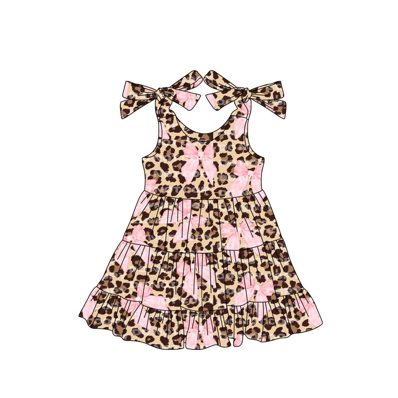 Preorder Baby Girl Toddler Straps Bows Leopard Knee Length Dress ( Moq 5 )