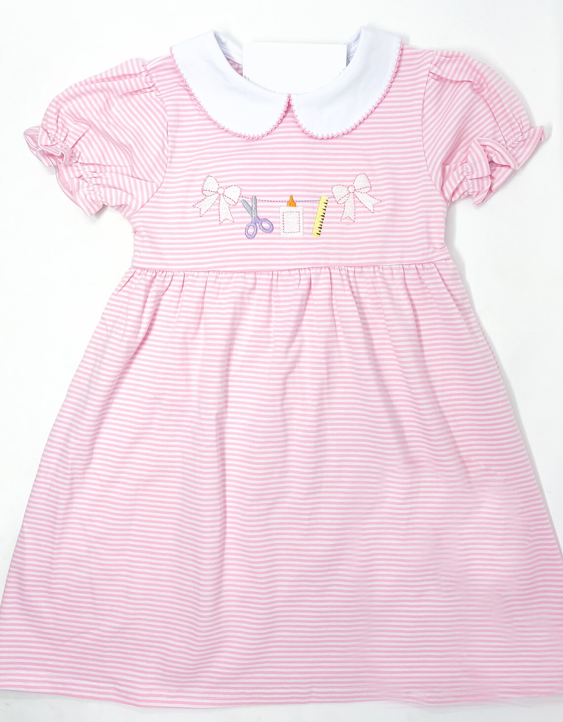 Preorder Baby Girl Back To School Bows Pink Strips Knee Length Dress ( Moq 5 )