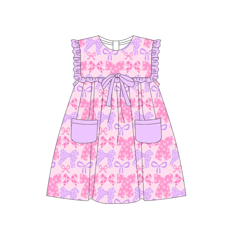 Preorder Baby Girl Purple Pink Bows Pockets Ruffle Knee Length Dress（ Moq 5 ）