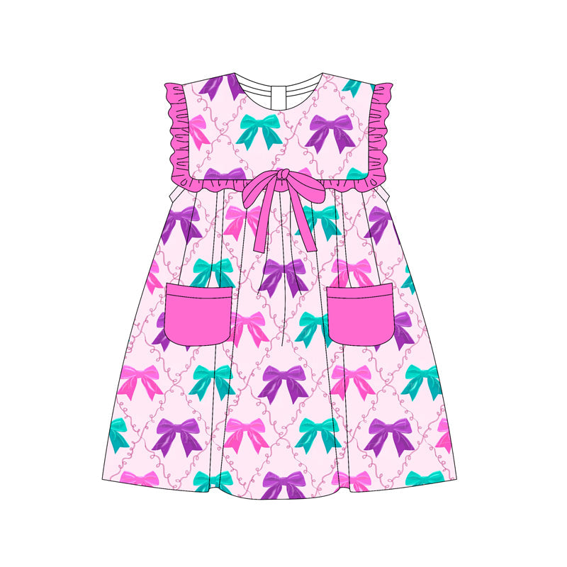 Preorder Baby Girl Ruffle Colorful Bows Pockets Knee Length Dress（ Moq 5 ）