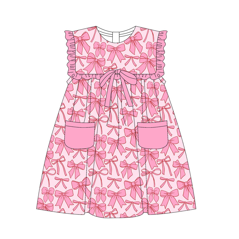Preorder Baby Girl Pink Bows Pockets Ruffle Knee Length Dress（ Moq 5 ）