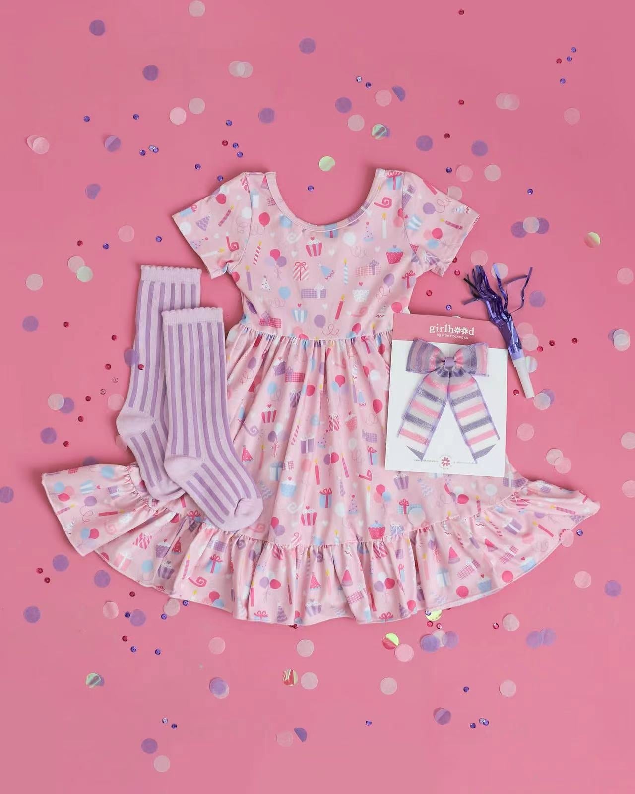 Preorder Baby Girl Short Sleeves Birthday Cakes Pink Knee Length Dress ( Moq 5 )