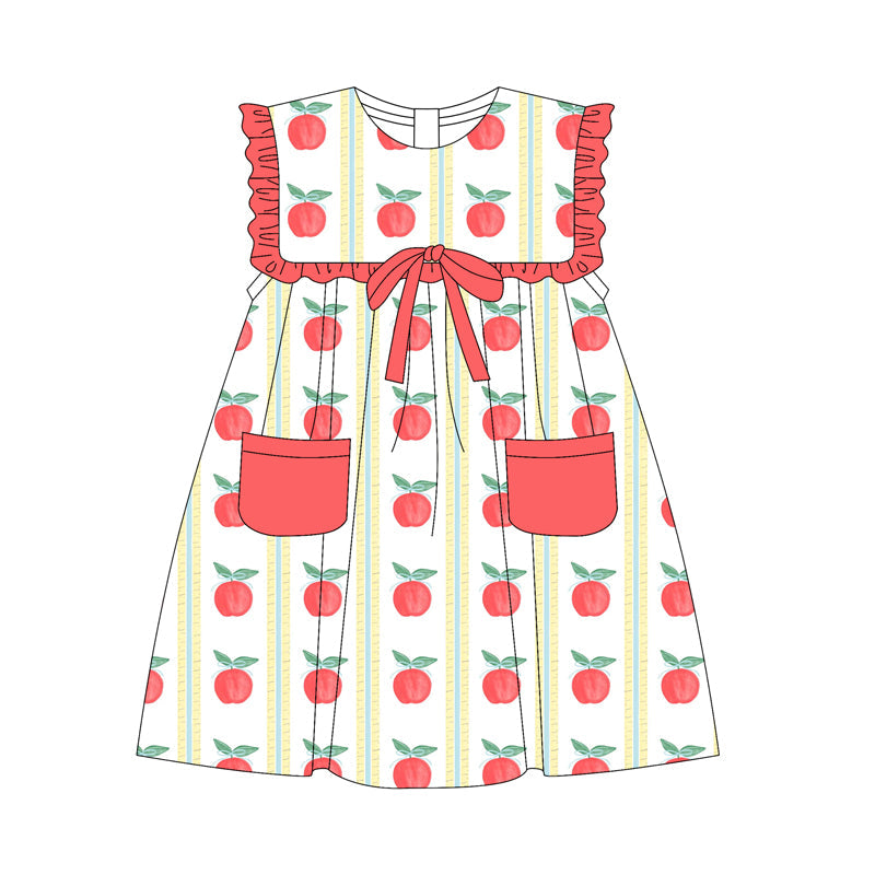 Preorder Baby Girl Back To School Apple Pockets Knee Length Dress（ Moq 5 ）