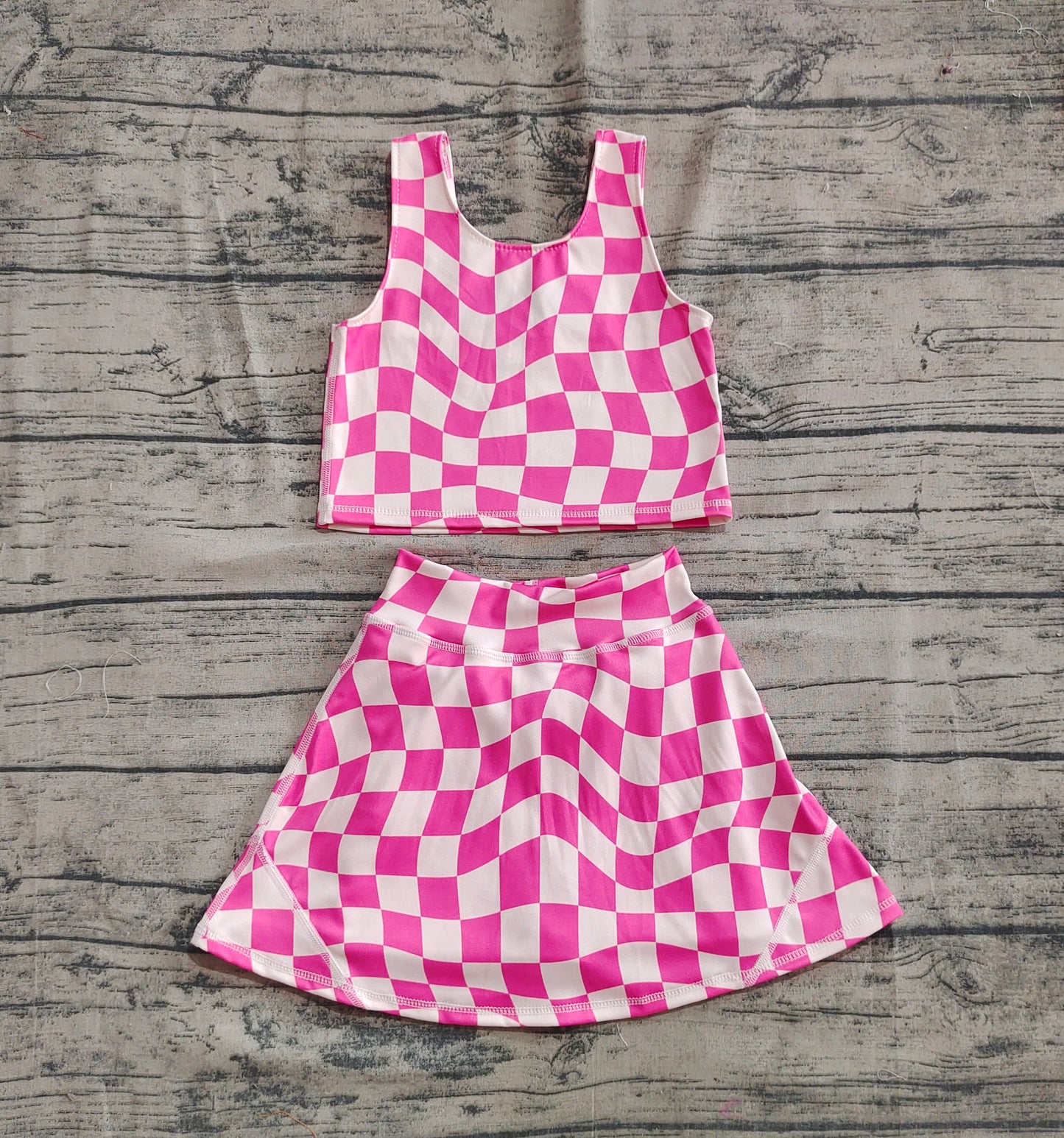 Baby Girl Sleeveless Pink Checked Tops Skort Yoga Active Set RTS
