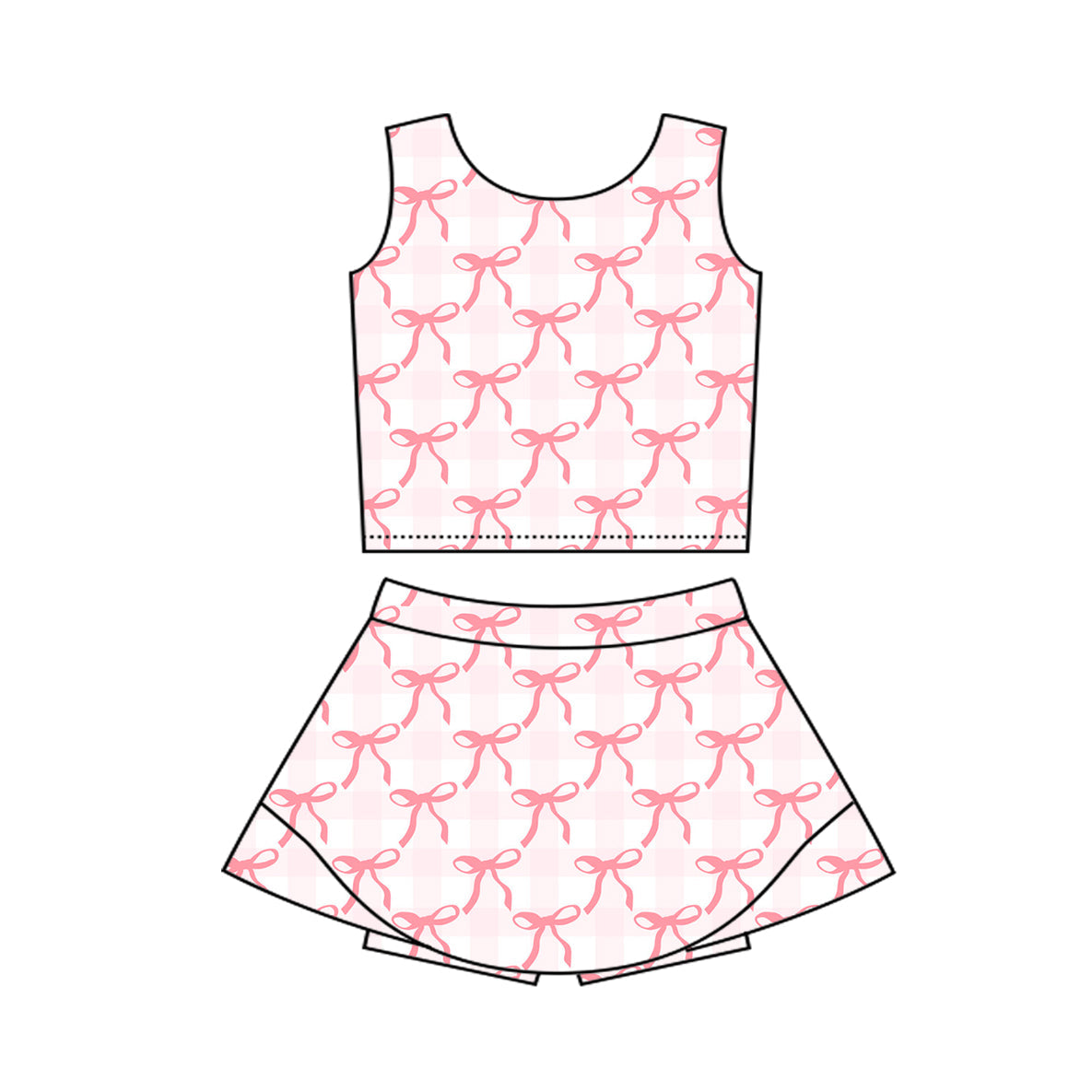 Preorder Baby Girl Sleeveless Pink Bows Checked Tops Skort Yoga Active Set ( Moq 5 )