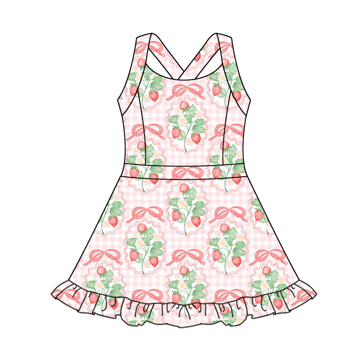 Preorder Baby Girl Straps Strawberry Plaid Yoga Active Knee Length Pink Dress ( Moq 5 )