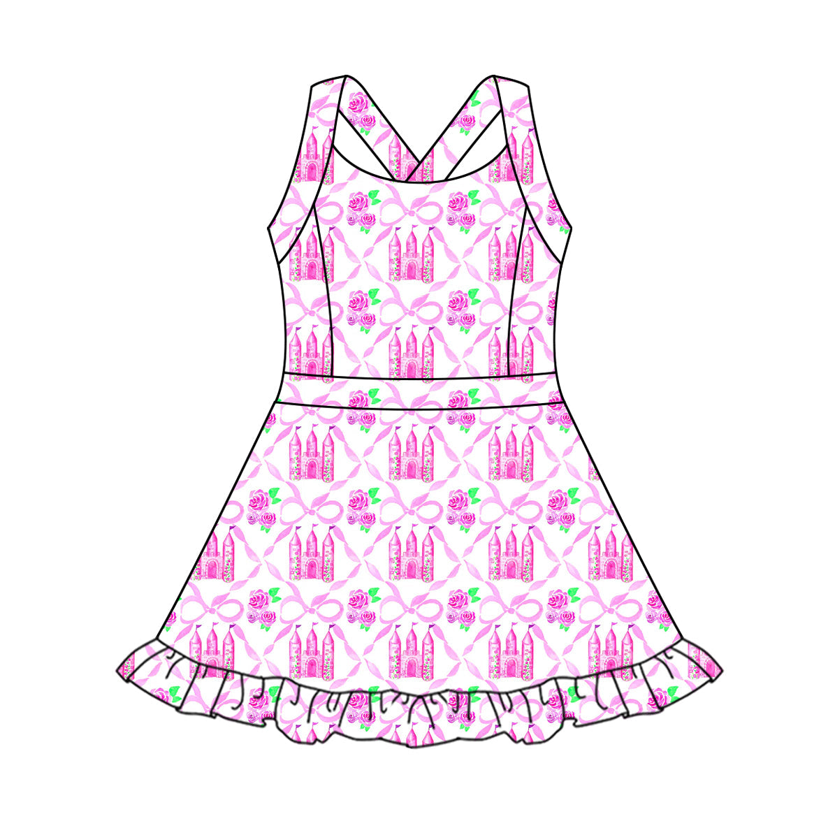 Preorder Baby Girl Straps Flower Bows Castles Yoga Active Knee Length Pink Dress ( Moq 5 )