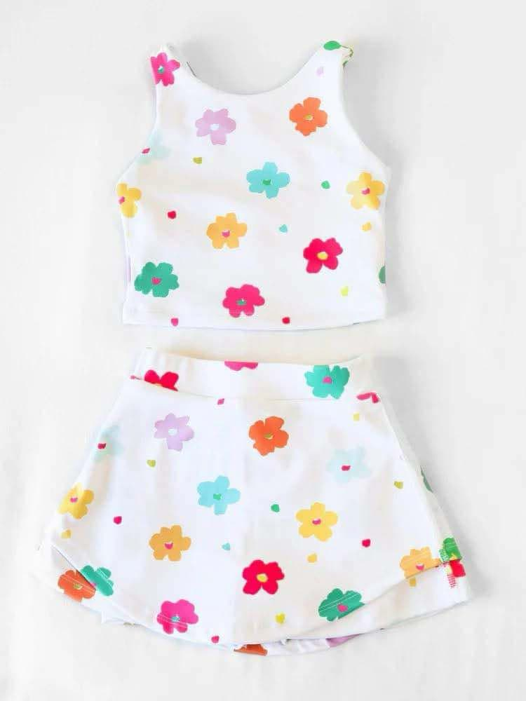 Preorder Baby Girl Sleeveless Colorful Flower Tops Skort Yoga Active Set （ Moq 5 ）