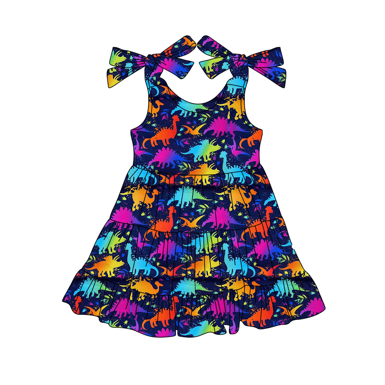 Preorder Baby Girl Straps Colorful Dinosaurs Knee Length Dress（ Moq 5 ）