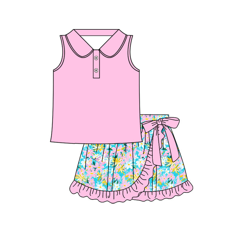 Preorder Baby Girl Pink Sleeveless Button Shirt Flower Ruffle Skort Set ( Moq 5 )