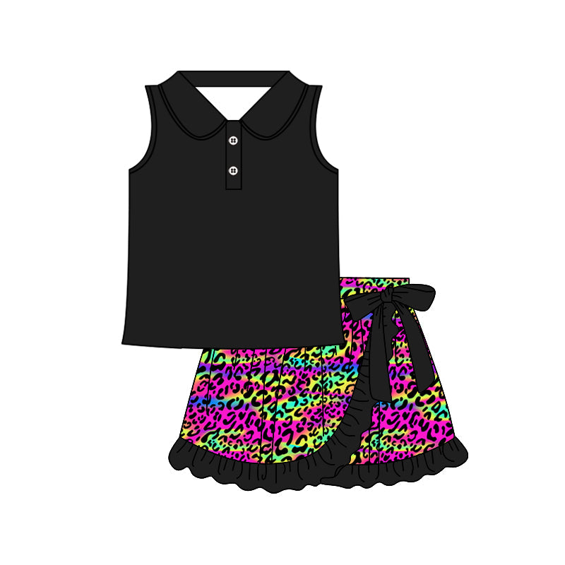 Preorder Baby Girl Black Sleeveless Button Shirt Leopard Ruffle Skort Set ( Moq 5 )