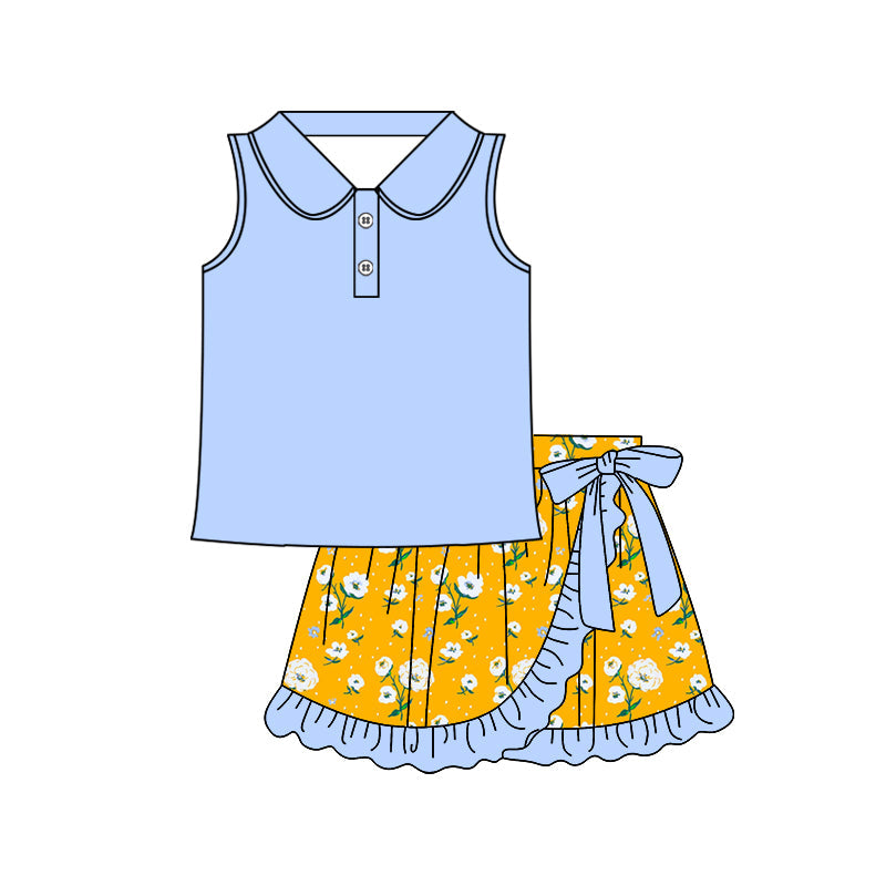 Preorder Baby Girl Blue Sleeveless Button Shirt Flower Ruffle Skort Set ( Moq 5 )