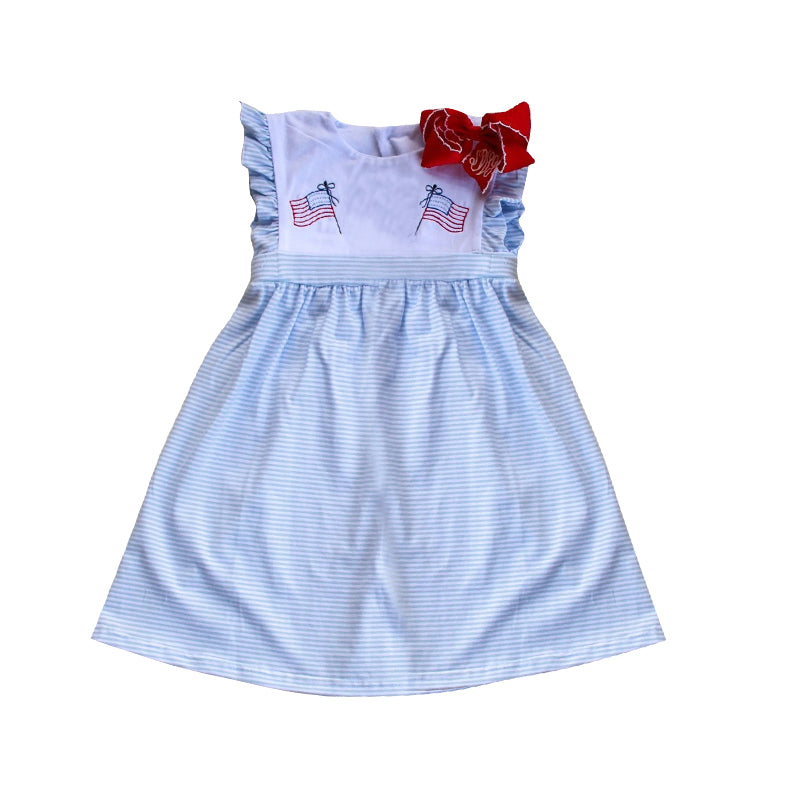 Preorder Baby Girl Ruffle Sleeves Flags 4th Of July Blue Stripes Knee Length Dress ( Moq 5 )