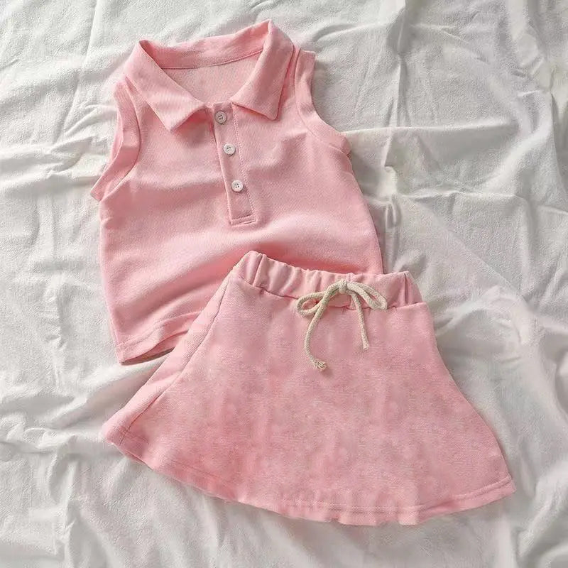 Preorder Baby Girl Sleeveless Buttons Shirt Skorts Yoga Active Pink Set ( Moq 5 )