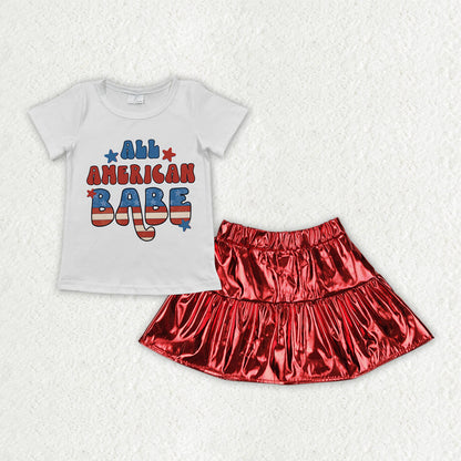 Baby Girl Short Sleeves Shirt Red Leather Skirt 4th Of July Sibling Set RTS