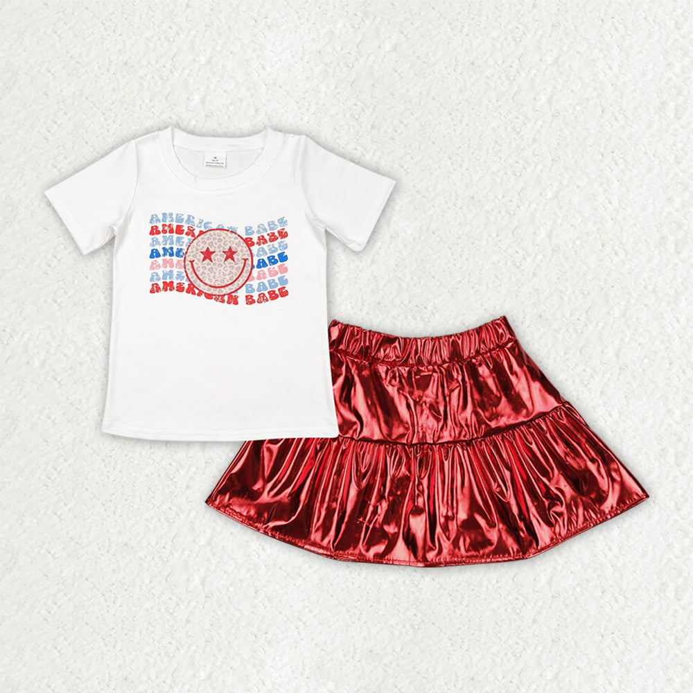 Baby Girl Short Sleeves Smile Shirt Red Leather Skirt 4th Of July Clothes Set RTS