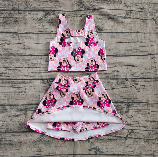 Preorder Baby Girl Sleeveless Mouse Flower Checked Tops Skorts Yoga Active Set（ No moq ）