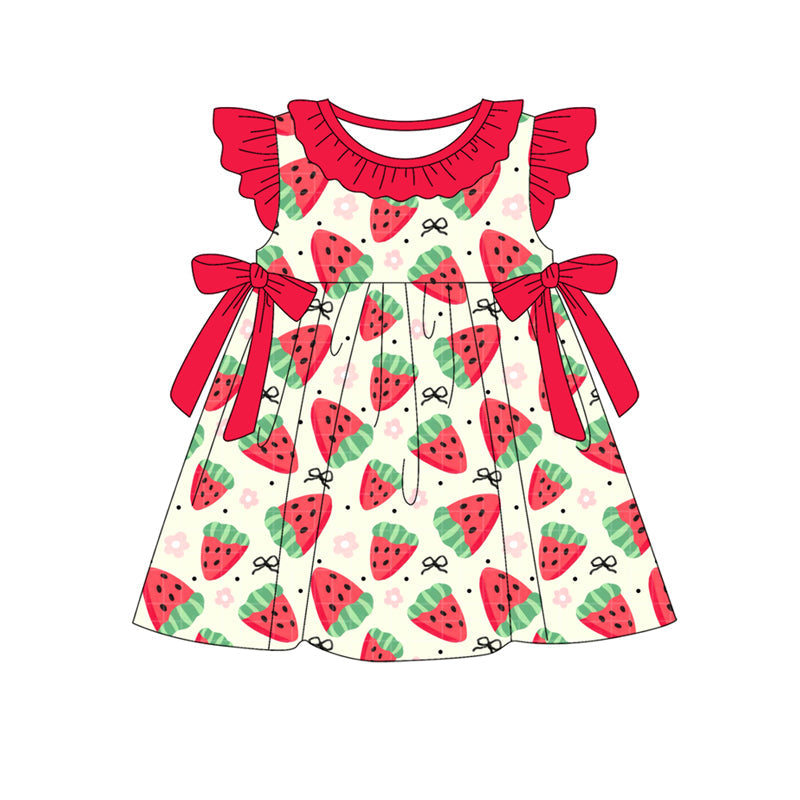 Preorder Baby Girl Short Sleeves Flower Strawberry Bows Knee Length Dress ( Moq 5 )