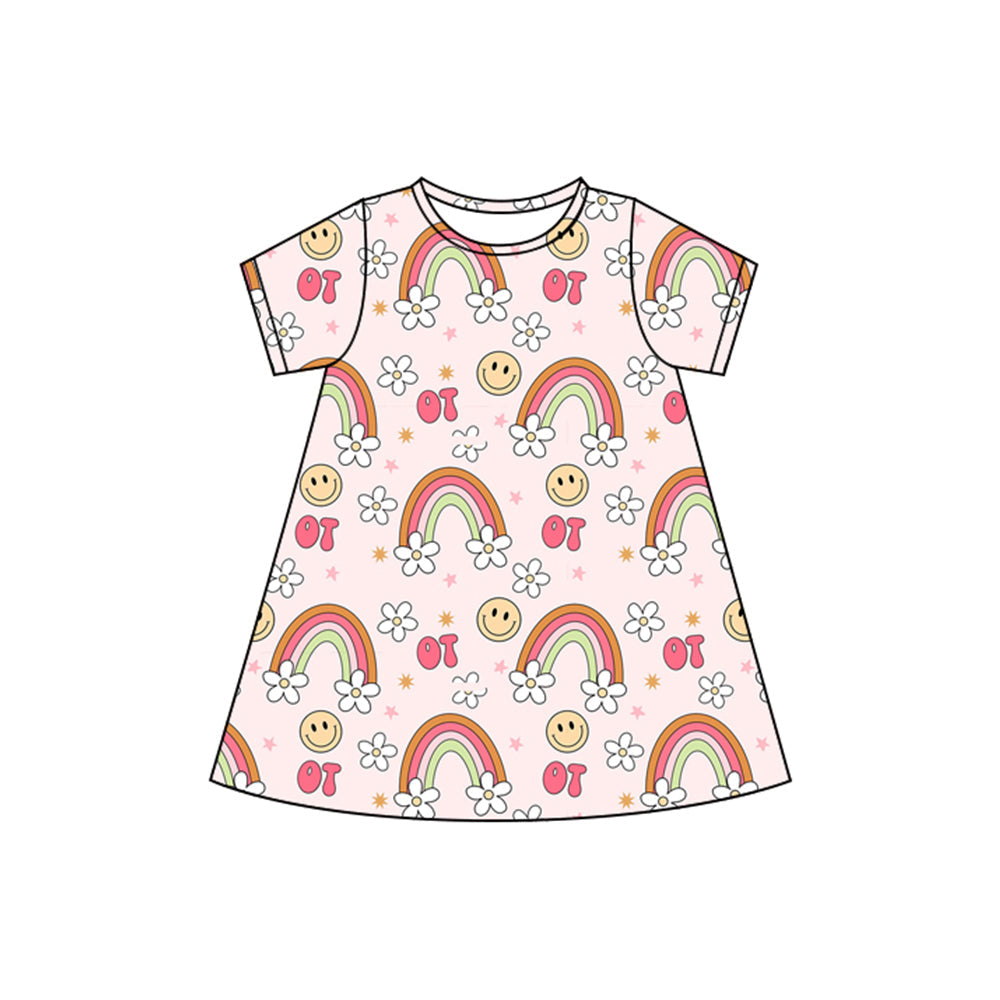 Preorder Baby Girl Short Sleeves Flower Smile Rainbow Knee Length Dress ( Moq 5 )