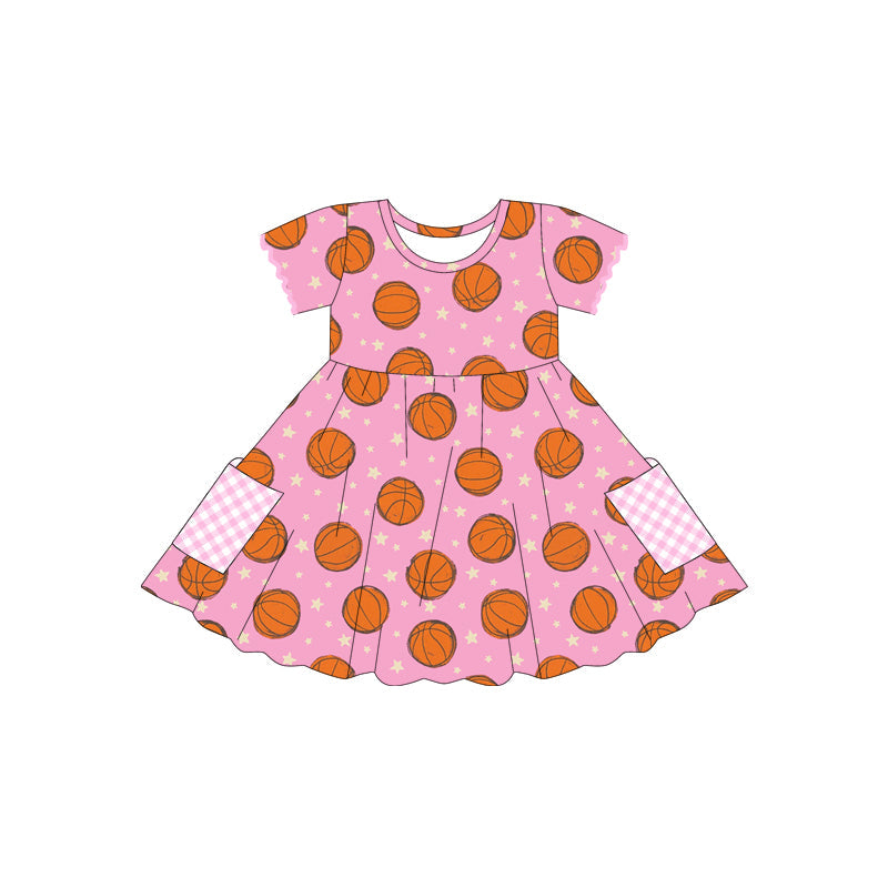 Preorder Baby Girl Short Sleeves Basketball Pockets Knee Length Dress ( Moq 5 )