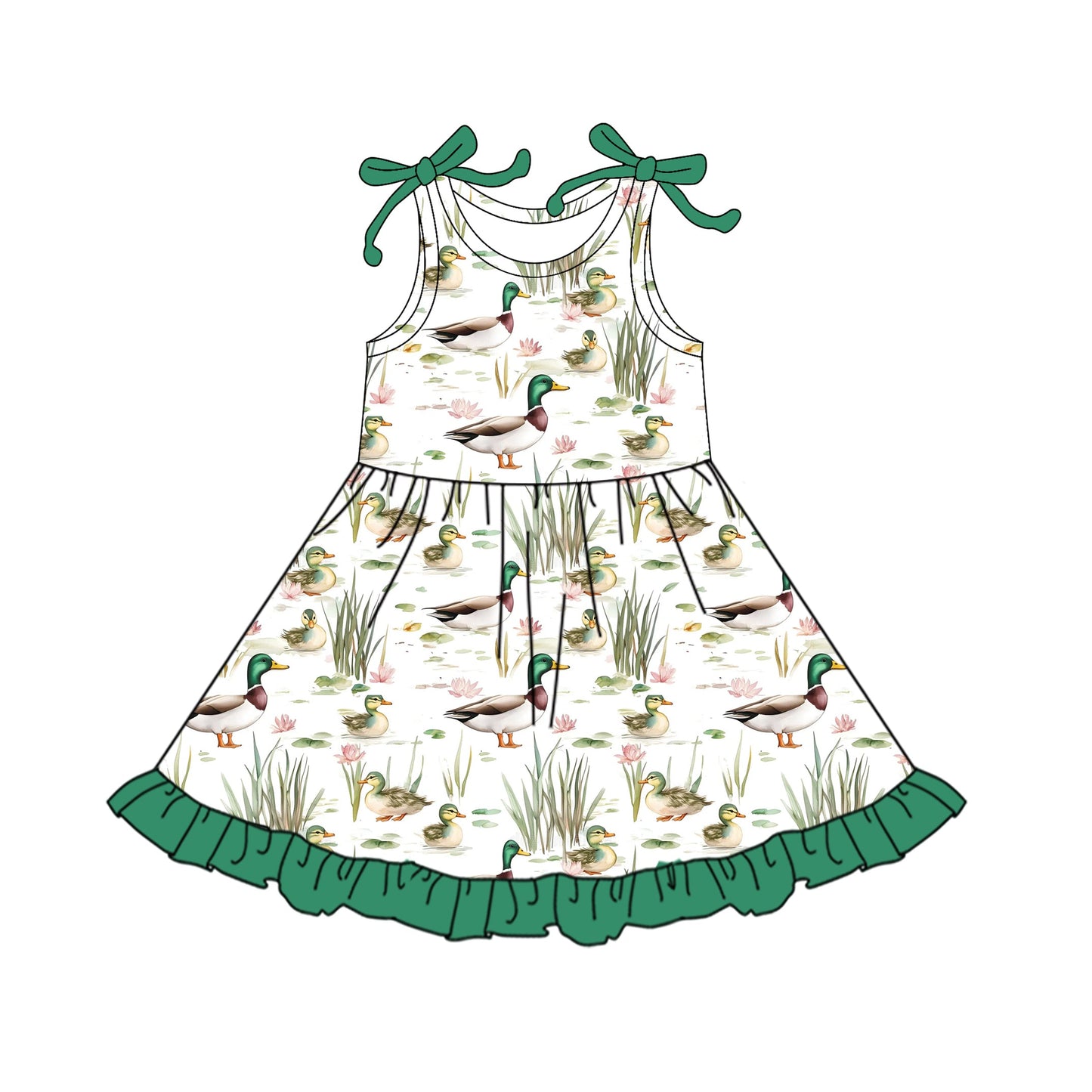 Preorder Baby Girl Bows Straps Ducks Green Ruffle Knee Length Dress ( Moq 5 )