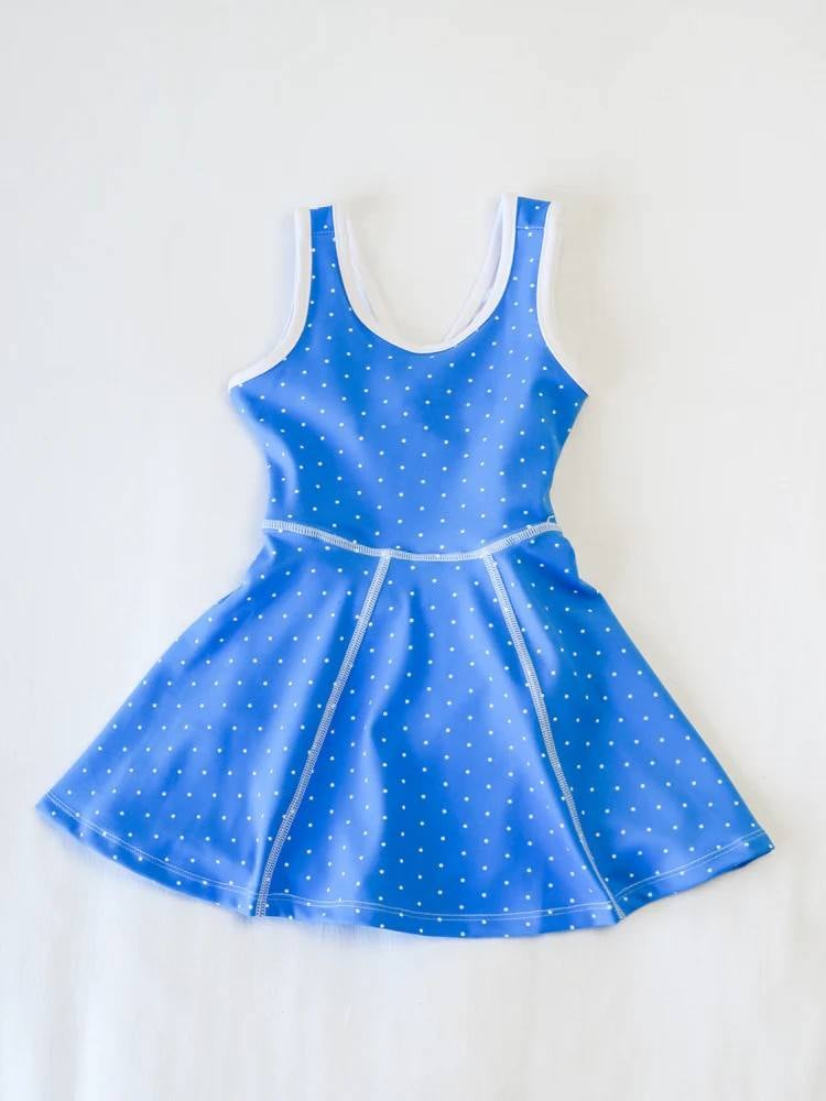 Preorder Baby Girl Sleeveless Dots Blue Yoga Active Knee Length Dress ( Moq 5 )
