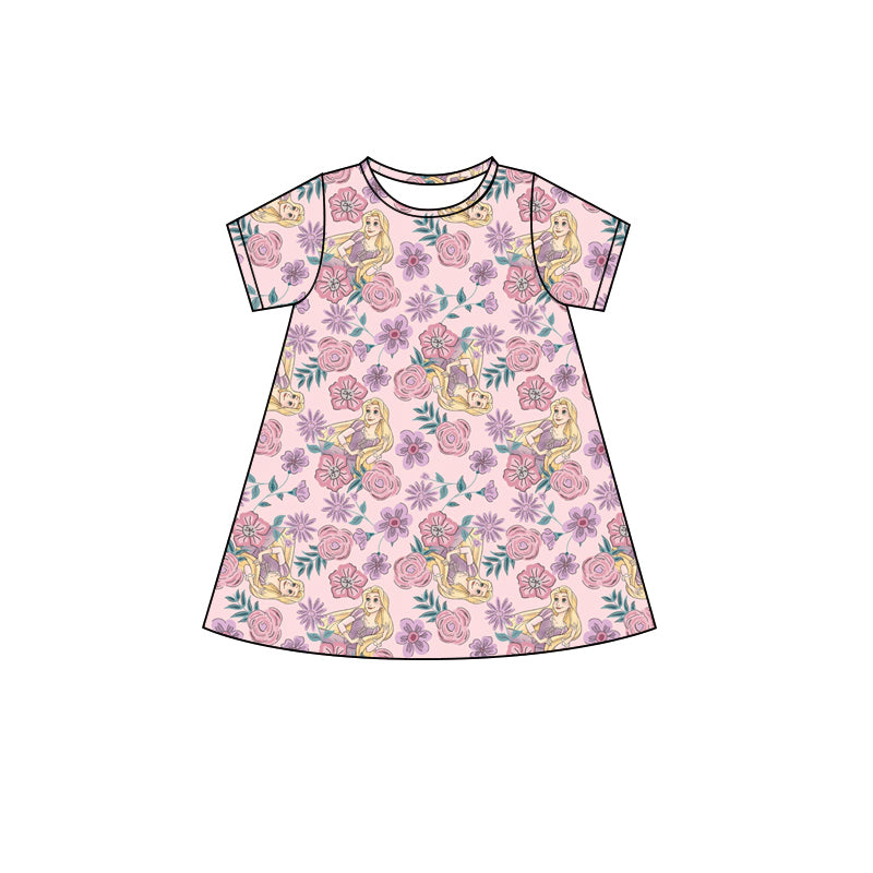 Preorder Baby Girl Pink Short Sleeves Princess Flower Knee Length Dress ( Moq 5 )