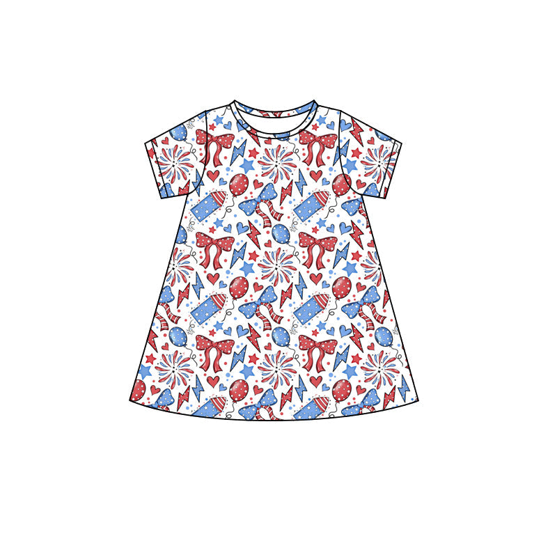 Preorder Baby Girl Short Sleeves Balloons Bows 4th Of July Knee Length Dress ( Moq 5 )